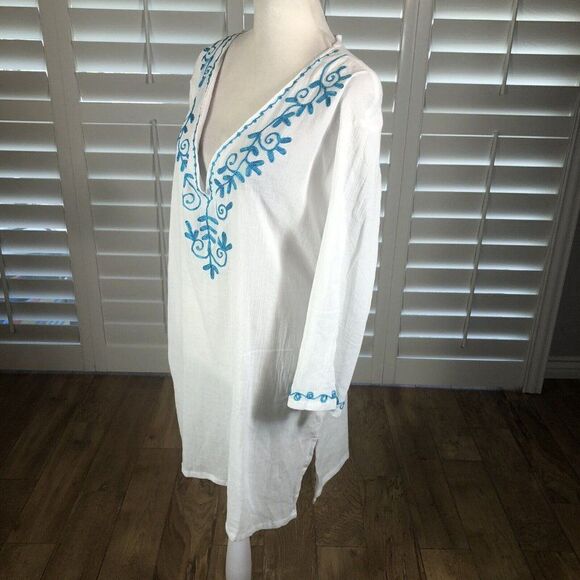 Just Bee White Beach Top Swim Cover L 100% Cotton Gauze 3/4 Sleeve Turquoise - Picture 3 of 12